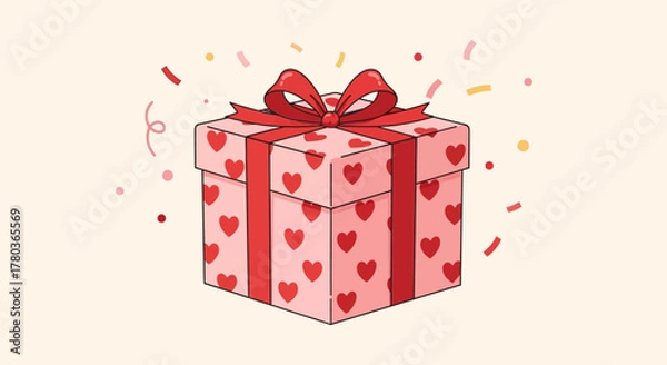 Fototapeta Heart-Patterned Gift Box with Red Ribbon and Bow Illustration.
