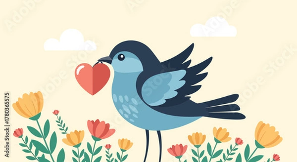 Fototapeta Illustration of a bird holding a heart in its beak.