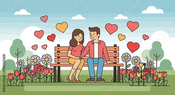Fototapeta Couple in Love Sitting on Bench Surrounded by Hearts and Flowers.
