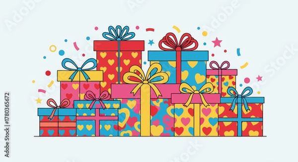 Fototapeta Colorful Stack of Gift Boxes with Ribbons and Confetti.