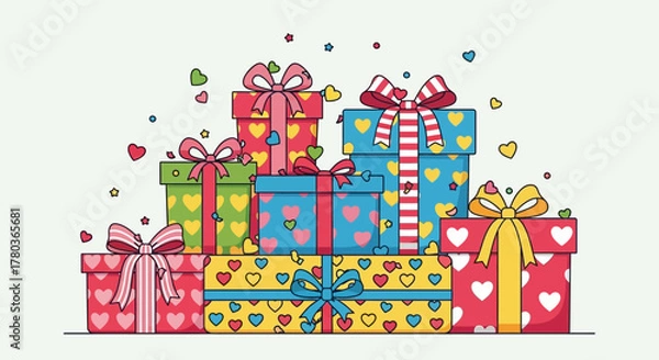 Fototapeta Colorful Stack of Gift Boxes with Ribbons and Hearts.