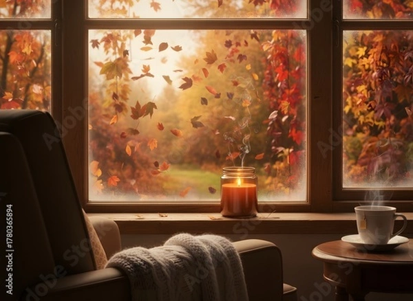 Obraz Cozy autumn scene with falling leaves outside a window, a lit candle, and a warm drink.