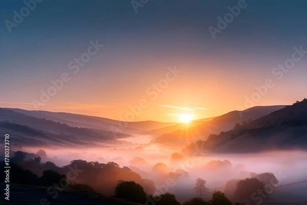 Obraz Sun Rising Over Misty Valley With Layers Of Hills Dawn Mountain Landscape Atmospheric Scenic Nature
