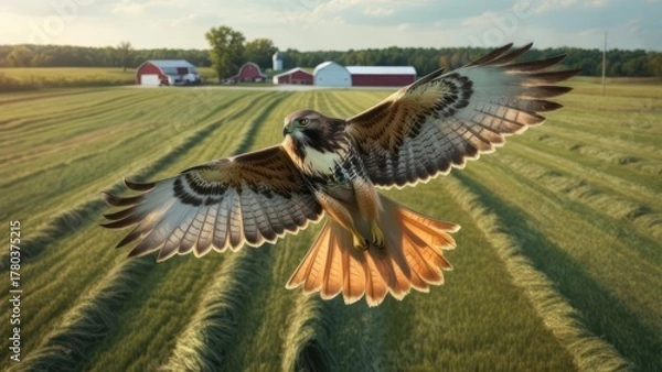 Obraz Red-tailed hawk soaring over a rural field