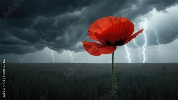 Obraz Red poppy in a field during a storm