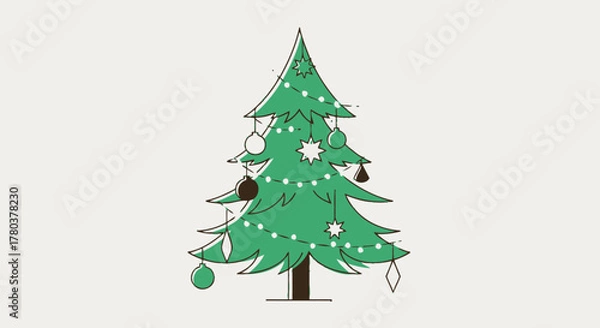 Obraz A stylized illustration of a decorated Christmas tree with lights and ornaments against a plain background.
