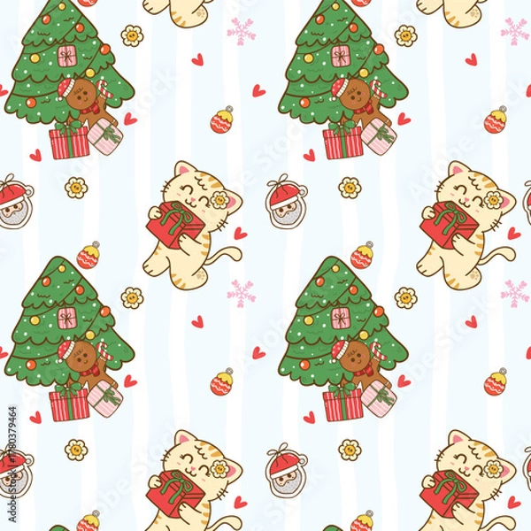 Fototapeta Festive christmas cute happy cat Coquette seamless pattern hand drawn
repeat wallpaper background,wrapping paper