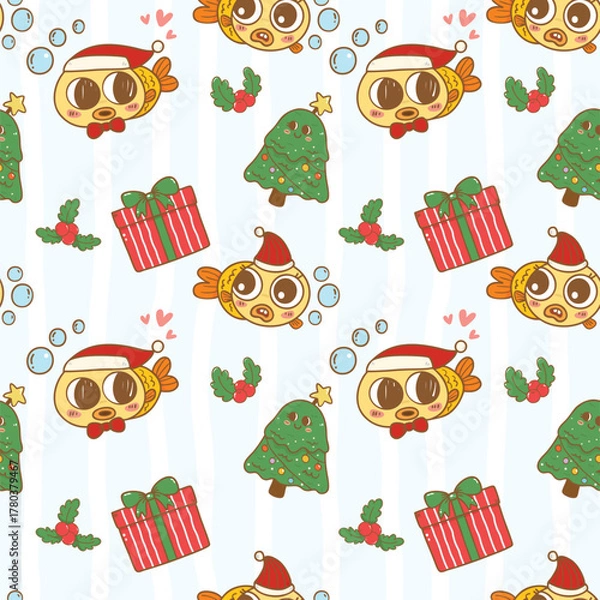 Fototapeta Festive christmas santa fish with gift box Coquette seamless pattern hand drawn repeat wallpaper background,wrapping paper