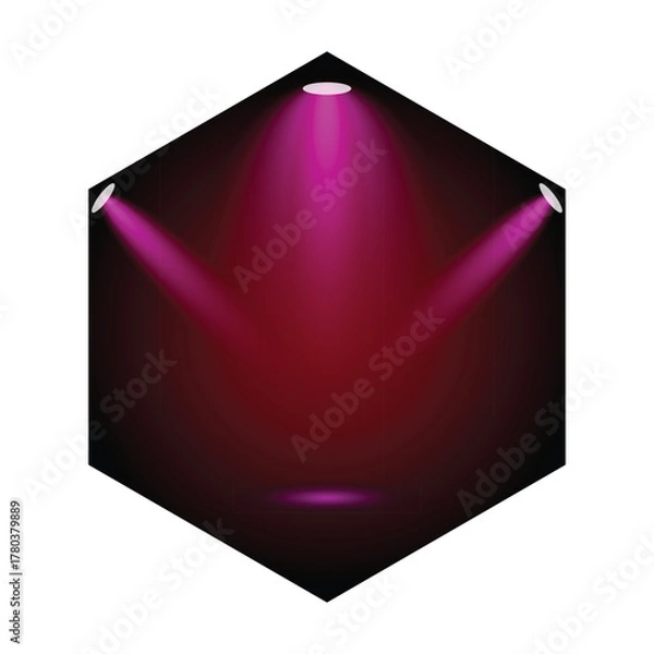 Obraz Abstract hexagon with pink spotlights shining on a dark red gradient background.