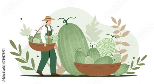Obraz Farmer Harvesting Cantaloupes And Melons In The Field During The Season