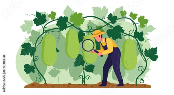 Fototapeta Farmer Investigates Giant Vegetables in Lush Garden Under Green Leaves and Swirling Vines