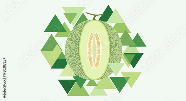 Obraz Fresh Melon Slice Set Against Green Geometric Triangles With White Background