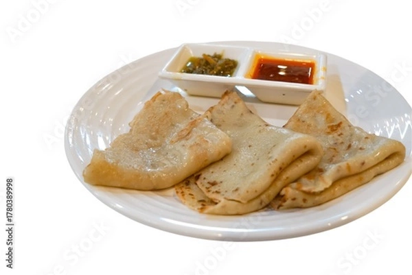 Fototapeta Lempeng (Pancakes) with Red and Green Sambal on White Plate