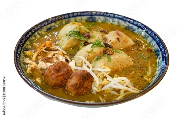 Fototapeta Authentic Soto Ayam served in a decorative bowl with shredded chicken, potatoes, bergedil, bean sprouts, and garnishes in rich chicken broth.