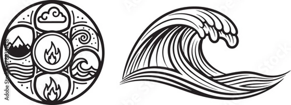 Obraz Black and White Vector Art of Elemental Mandala and Ocean Wave