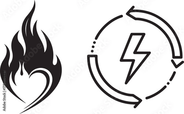 Obraz Black and White Vector Icons of Fire Heart and Renewable Energy