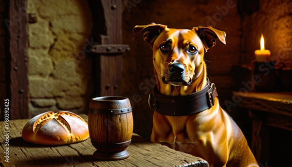 Fototapeta Dog curious looking at camera in rustic tavern setting