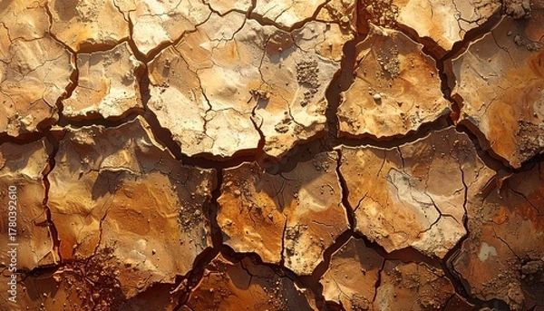 Obraz 乾いた地面のひび割れテクスチャ、砂色の自然背景素材