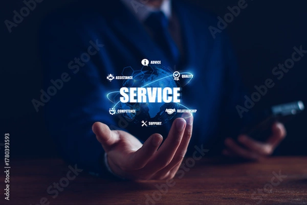 Fototapeta Business service online digital technology, Businessman with digital globe hologram, Quality, relationship customer service advice and support, Technology ai assistance online services