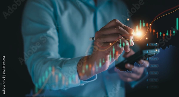 Fototapeta Stock market graph analysis concept, Broker planning strategy for investment in stock, forex, financial, index fund, exchange rate high risk to high profit. Digital business technology analyze data.