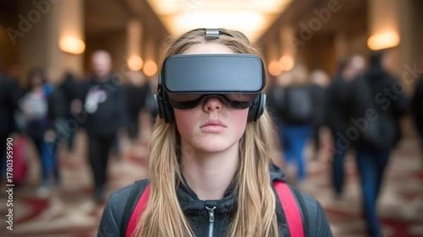 Fototapeta A young woman wearing virtual reality goggles and headphones stands among a busy crowd, illustrating the immersive technology experience, Ideal for tech-related marketing and educational content,