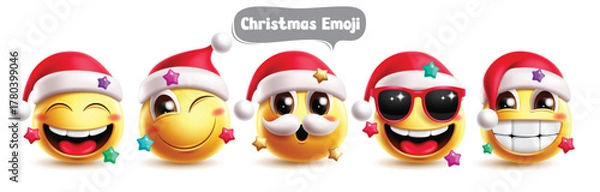 Fototapeta Christmas emojis Santa characters clipart set. Emoji Christmas Santa Claus character clip art in happy, winking, smiling, cute, cool and naughty facial expression emoticon collection vector 