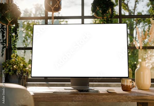 Obraz Computer monitor blank screen mockup front close-up view on desk with sunlight and plants – modern home office workspace