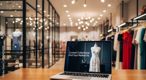 Obraz Contemporary clothing store interior with open laptop promoting elegant evening dress and curated online style collections