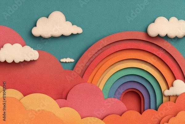 Obraz Vibrant paper cut style illustration featuring a rainbow arching over textured hills with fluffy white clouds against a teal sky