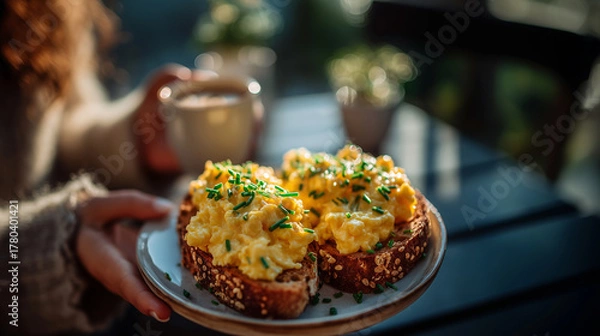 Fototapeta Cozy outdoor breakfast with scrambled eggs on toast and coffee.