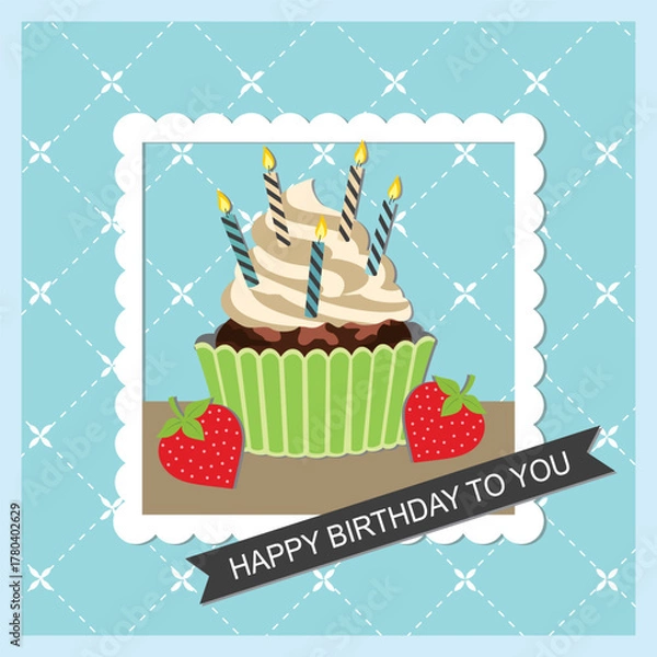 Fototapeta Happy birthday card with cupcake, candles and strawberry