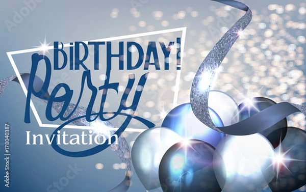 Fototapeta Birthday party invitation card with defocused lights on the background, air balloons and ribbons. Vector illustration