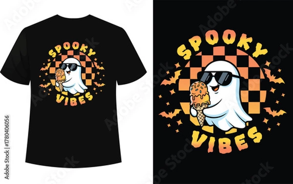 Obraz Spooky Vibes Ghost T-Shirt Design | Funny Halloween Kawaii Ghost with Ice Cream, Sunglasses, and Checkered Background