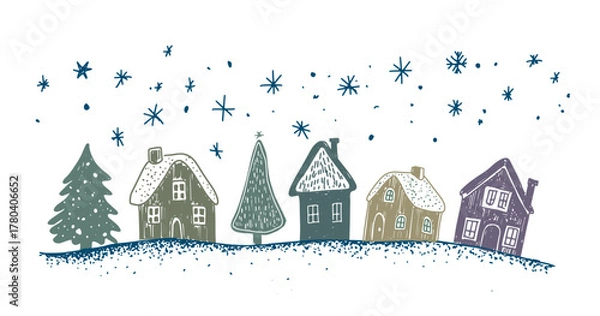 Obraz Christmas houses with tree on white	
