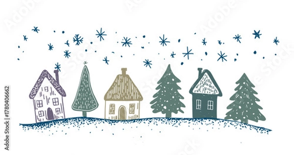Fototapeta Christmas houses with tree on white	
