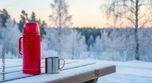 Fototapeta Red thermos on snow-covered picnic table with metal mug, winter outdoor warmth and leisure in frosty forest setting