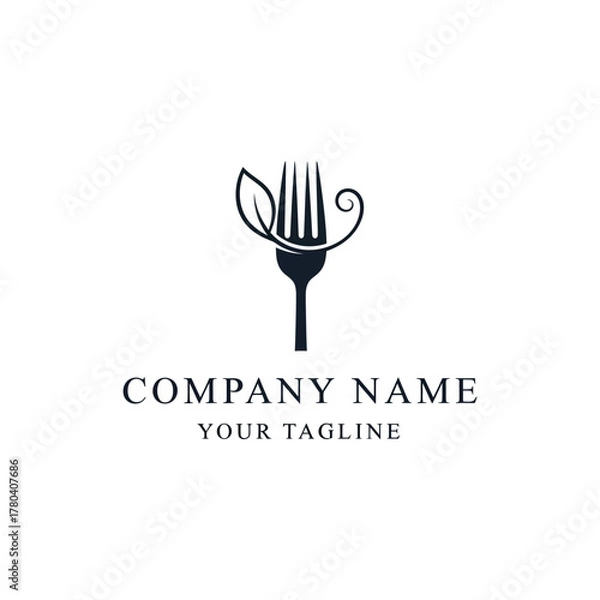Fototapeta Elegant Fork Logo Design with Leaf and Swirl for Restaurant.