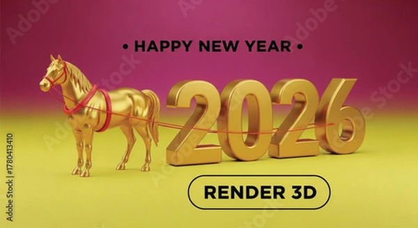 Fototapeta A golden horse gracefully pulls the year 2026, symbolizing prosperity and new beginnings in this festive 3D render, perfect for celebrating the upcoming year.