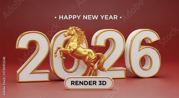 Fototapeta Celebrate the upcoming year with this stunning 3D render featuring a golden horse and the year 2026, wishing everyone a happy and prosperous new year ahead. 