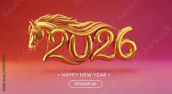 Fototapeta A golden horse elegantly forms the year 2026, accompanied by a festive happy new year greeting, creating a visually stunning and celebratory design. 