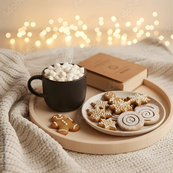 Fototapeta Hygge Lifestyle Setup with Hot Chocolate, Marshmallows, and Christmas Cookies 