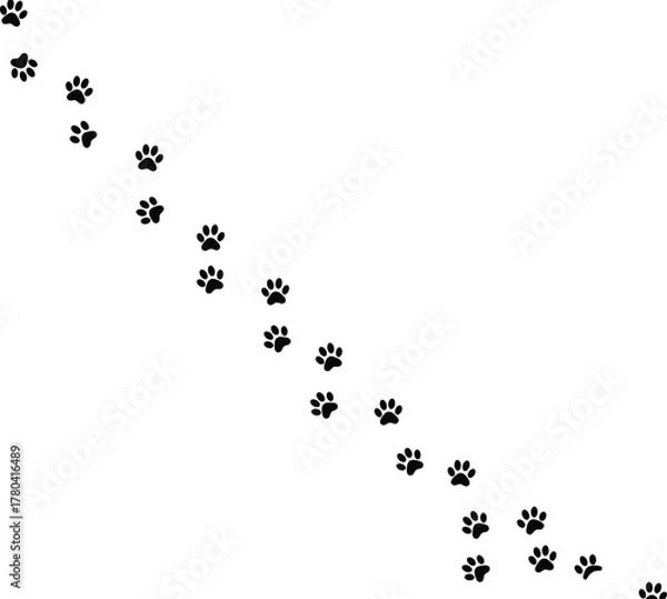 Fototapeta Animal paw prints, pet trail, walking footsteps, black silhouette, dog cat track, diagonal pattern, motion symbol, simple design, flat vector