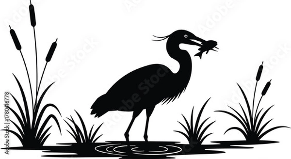 Fototapeta Heron catching fish silhouette, wetland bird illustration, aquatic wildlife hunting scene, nature ecosystem concept, waterfowl standing in pond, flat vector design