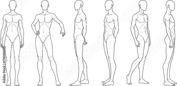 Fototapeta Human figure sketches, anatomy poses, front side rear views, body proportion study, artist reference, character design, drawing practice, simplified outline, flat vector