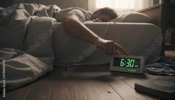 Fototapeta Man hitting snooze on alarm clock at 6:30 AM

