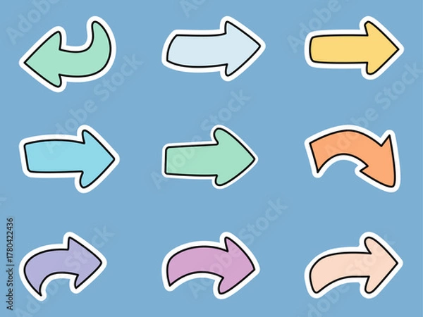 Obraz Colorful arrow stickers on a blue background for creative designs.