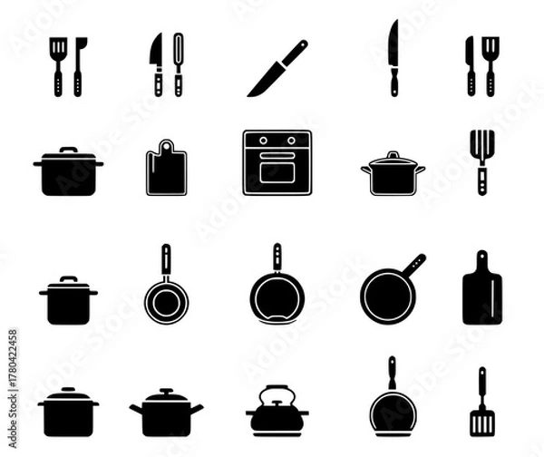 Obraz Collection of black cooking utensils and tools on a white background.