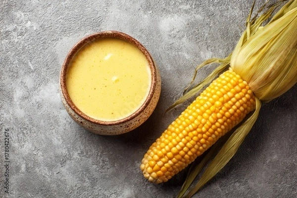 Fototapeta An appealing overhead view showcases a vibrant yellow ear of fresh corn, partially husked to reveal its plump, golden kernels. Adjacent sits a rustic ceramic bowl filled with a creamy, rich yellow liq