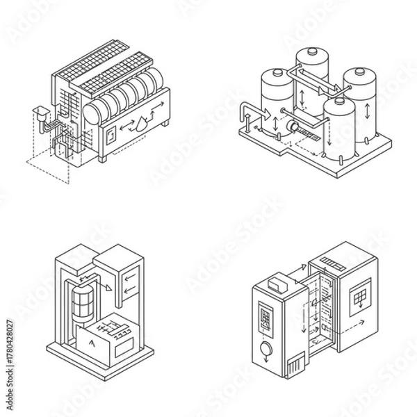 Obraz Detailed isometric line art illustrations showcase diverse industrial machinery and advanced technological processing systems, ideal for modern engineering projects.