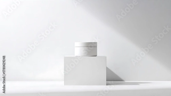 Fototapeta Minimalist product display of a white cosmetic jar on a white cube with natural light and shadows, ideal for beauty, skincare, and clean branding.